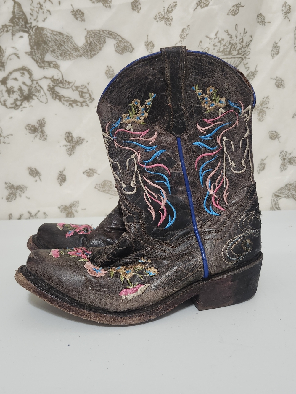 Vaccari Brown Leather Embroidered Western Cowgirl Horse Boots Kids Sz 13